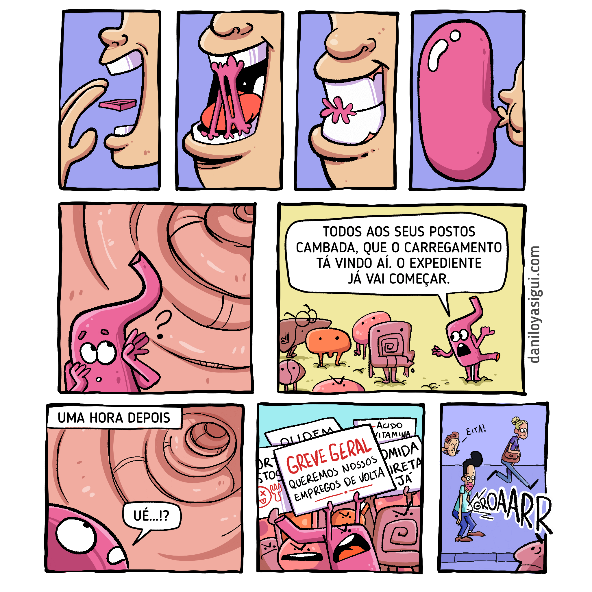 Alguém coloca um chiclete na boca e começa a mastigar. Ele mastiga e mastiga, até que faz um balão com o chiclete. Enquanto isso, dentro do corpo dessa pessoa, seu estômago fica curioso com os barulhos lá de cima, causados pela mastigação do chiclete.
Então, o estômago avisa aos outros órgãos do sistema digestivo que estão prontos para começar a trabalhar: "Todos aos seus postos cambada, que o carregamento tá vindo aí. O expediente já vai começar". Mas, passa uma hora e nada da comida chegar, deixando o estômago confuso.
Então, o estômago e os outros órgãos decidem fazer uma greve, lutando pelo direito de fazerem seu trabalho. Em seguida, vemos a pessoa que estava mascando o chiclete com uma expressão de surpresa pelo barulho estranho que seu estômago está fazendo. As pessoas ao redor também ficam assustadas com os sons incomuns.