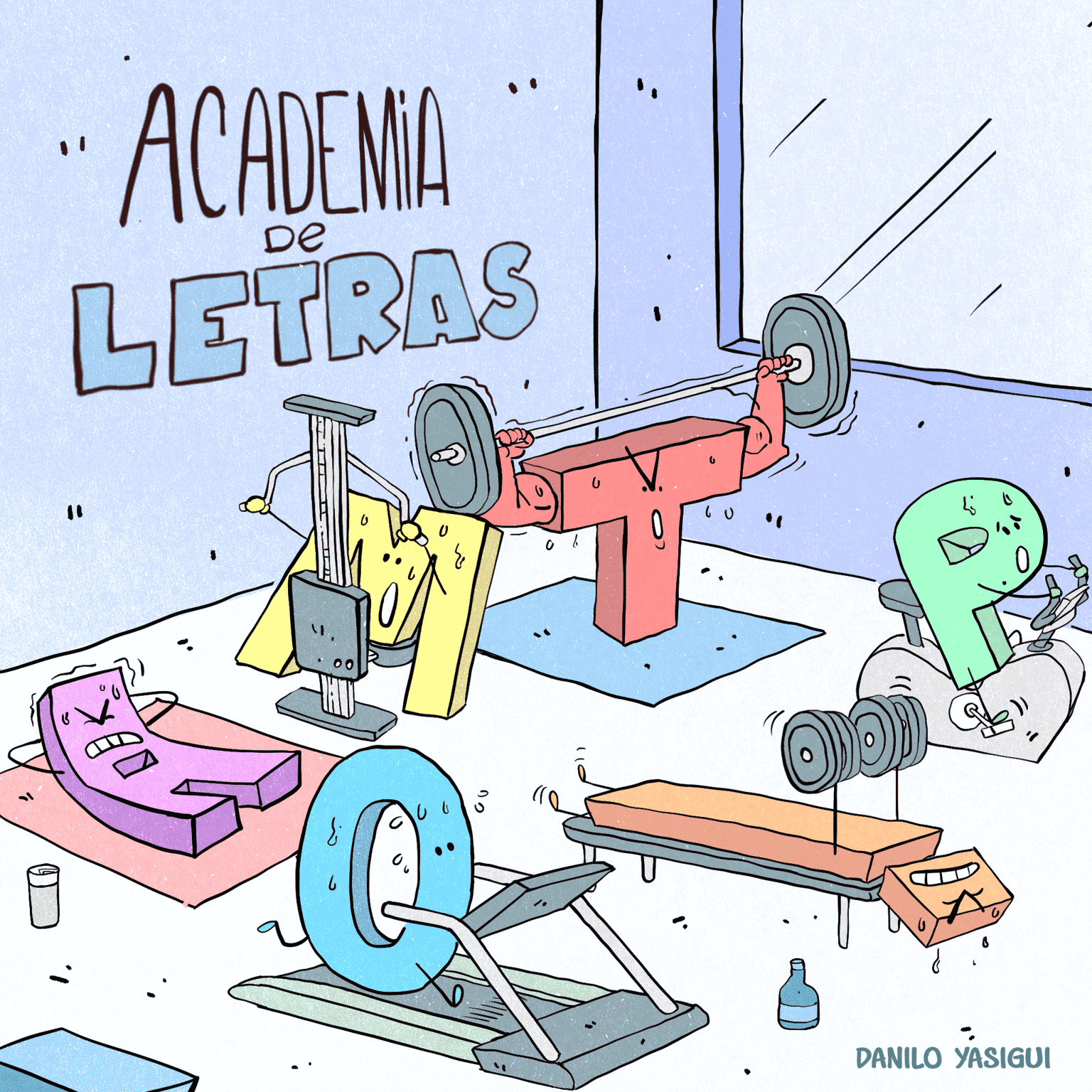 Na cena, vemos letras do alfabeto que aparecem como se fossem frequentadoras de uma academia de musculação. Cada letra está praticando um tipo de exercício físico diferente, como se estivessem “malhando”:
A letra I está fazendo supino com barra e tem braços musculosos. A letra M está suando ao usar uma máquina de puxada. A letra O está correndo em uma esteira. A letra P está pedalando em uma bicicleta ergométrica. A letra A parece estar sofrendo bastante enquanto faz abdominal. A letra T está levantando peso com halteres. No fundo, vê-se o nome da academia escrito como “Academia de Letras”, fazendo um trocadilho entre a tradicional instituição literária e uma academia de ginástica literal para letras.