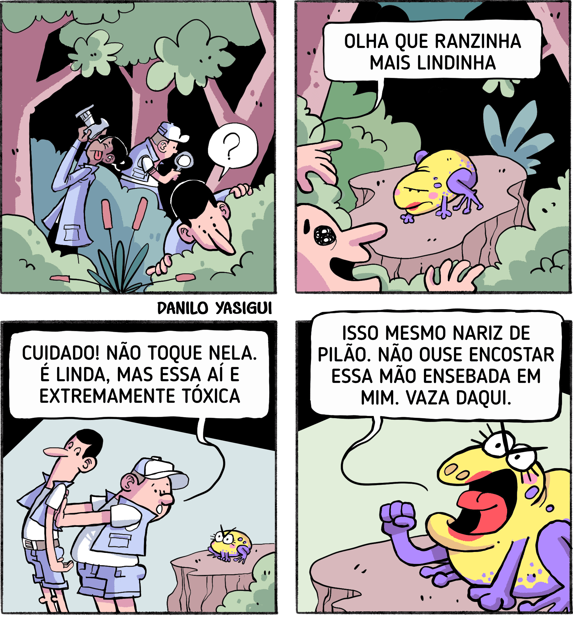 Tirinha em quatro quadros de Danilo Yasigui. Três pesquisadores caminham na floresta. Um deles avista uma pequena rã colorida em cima de um tronco e se encanta, dizendo: "Olha que ranzinha mais lindinha". Outro pesquisador o impede e alerta: "Cuidado! Não toque nela. É linda, mas essa aí é extremamente tóxica". No último quadro, a rã abre a boca, mostra os dentes e fala com raiva: "Isso mesmo nariz de pilão. Não ouse encostar essa mão ensebada em mim. Vaza daqui.